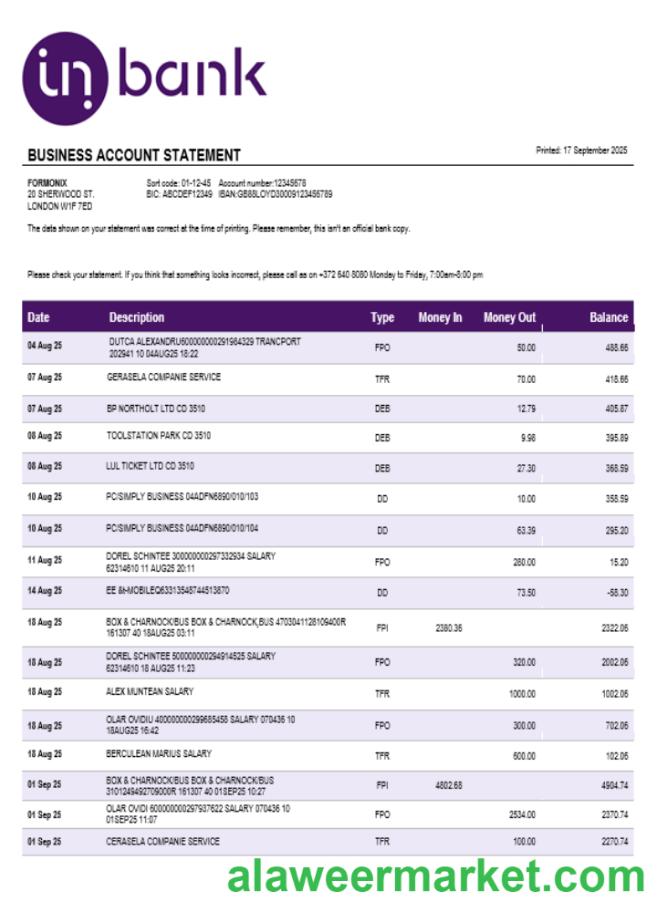 Inbank business firm account statement Word snd PDF format